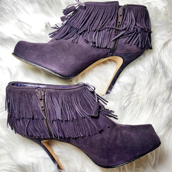 MANOLO BLAHNIK Plum Suede Fringe Peep Toe Bootie, Size 7 - Picture 8 of 10